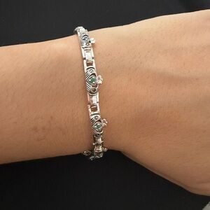 Vintage IRELAND 925 Silver Claddagh Tennis Bracelet & Green Stones